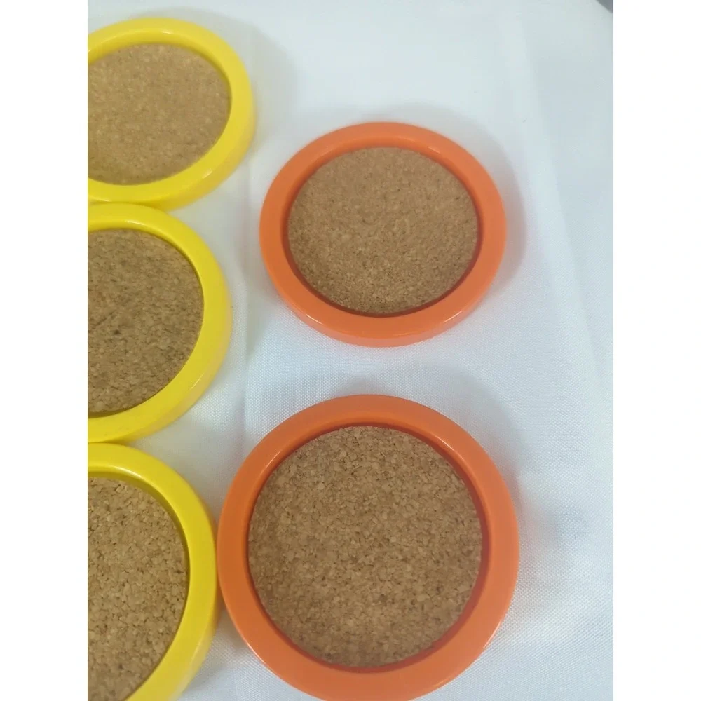 Retro MCM Multi Colored Acrylic Plastic Cork Round Coasters Set Of 8 Made In USA